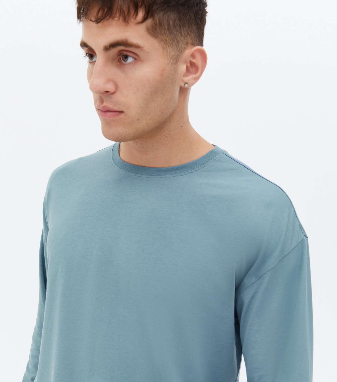Blue Crew Neck Oversized Long Sleeve T-Shirt Image 3