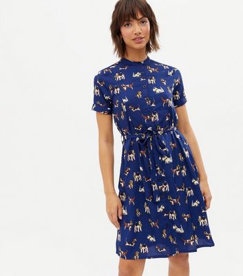 Yumi Navy Dog Mini Shirt Dress New Look