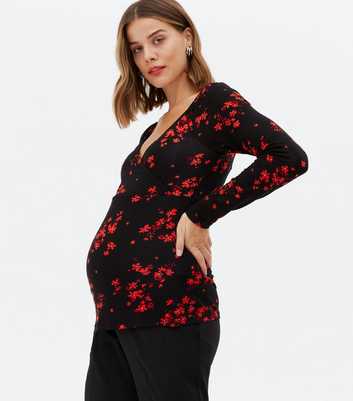 Maternity Black Floral Long Sleeve Wrap Nursing Top