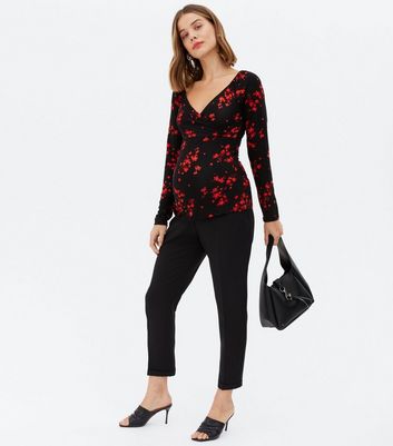 Maternity Black Floral Long Sleeve Wrap Nursing Top New Look