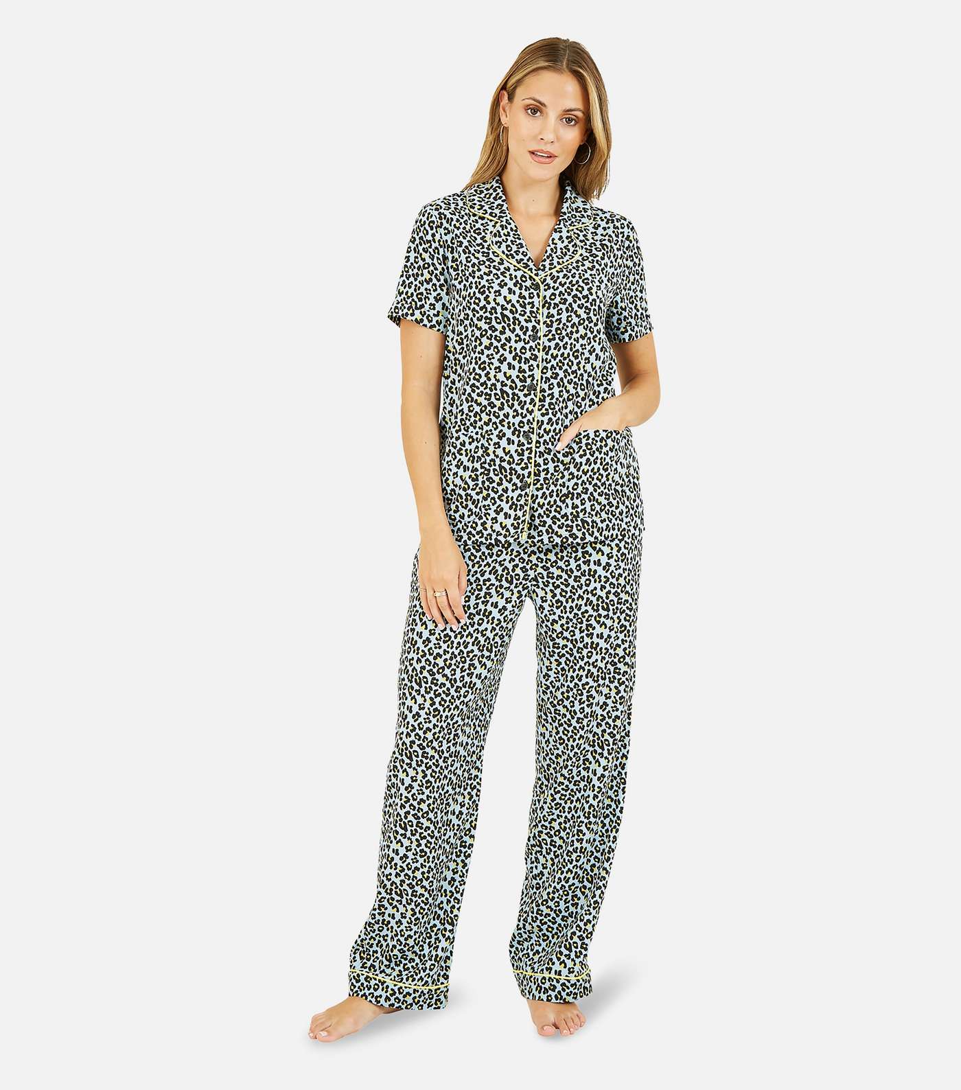 Yumi Pale Blue Leopard Print Trouser Pyjama Set