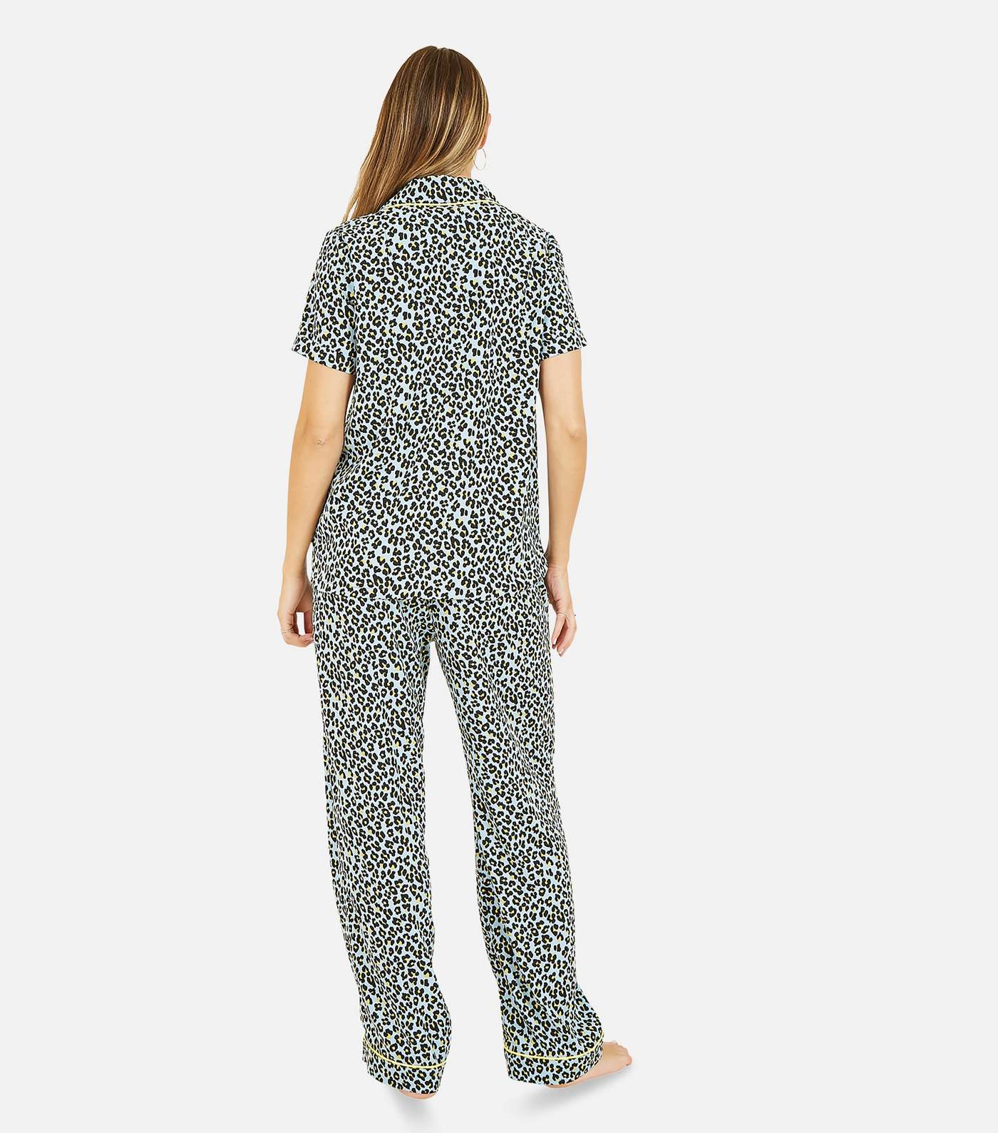 Yumi Pale Blue Leopard Print Trouser Pyjama Set Image 3