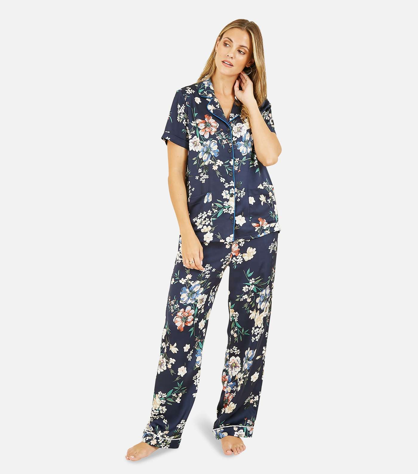Yumi Navy Floral Satin Shirt and Trouser Pyjama Set
