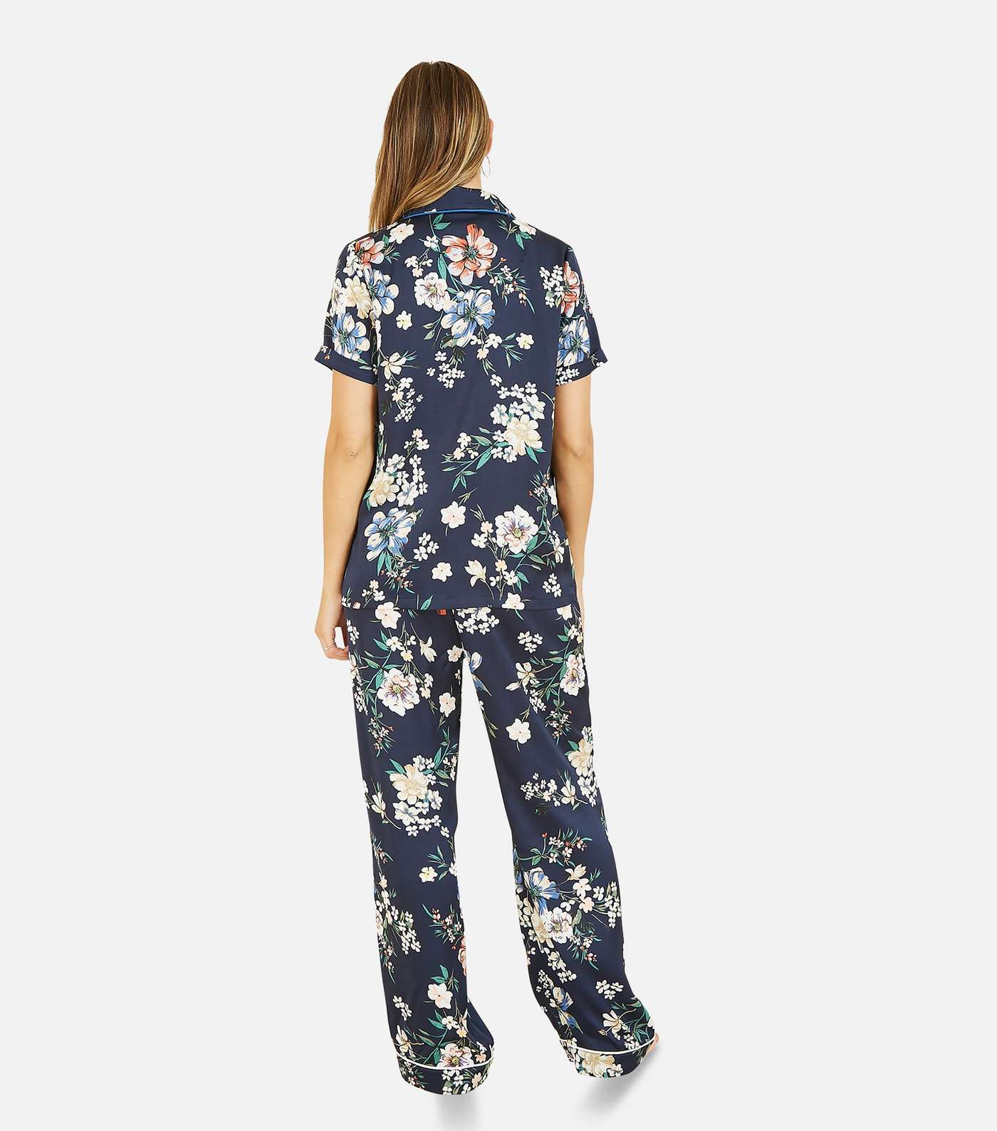 Yumi Navy Floral Satin Shirt and Trouser Pyjama Set Image 3