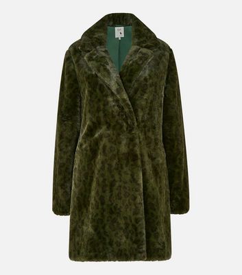 Womens Clothing Coats Fur coats Zibi London Green Leopard Print Faux Fur Coat New Look 
