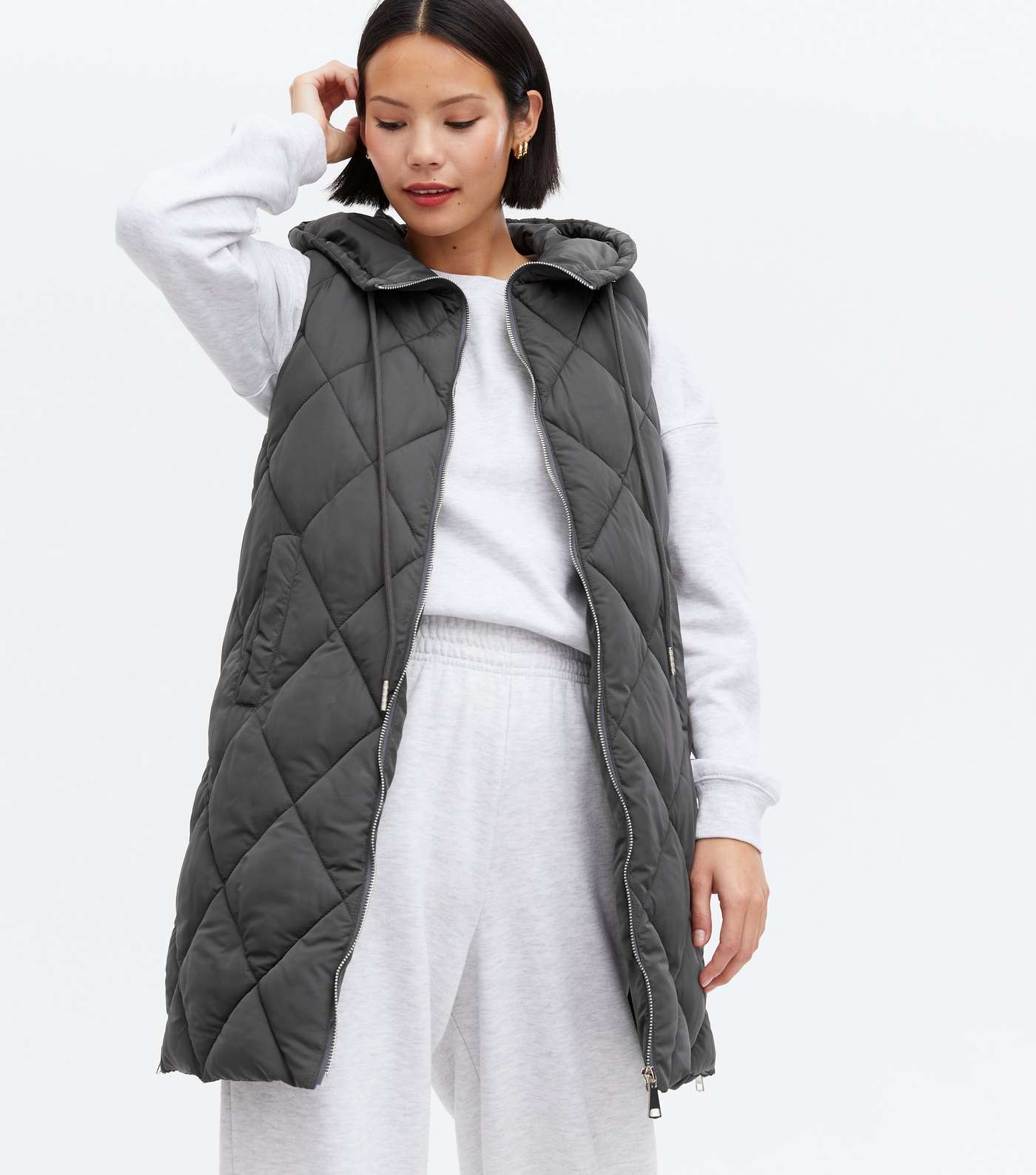 Blue Vanilla Grey Quilted Sleeveless Long Gilet
