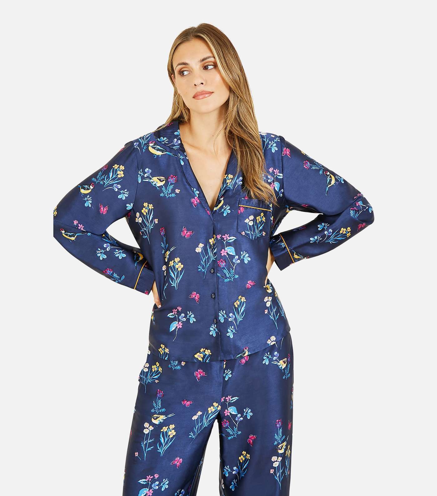 Yumi Navy Floral Bird Print Satin Shirt and Trouser Pyjama Set