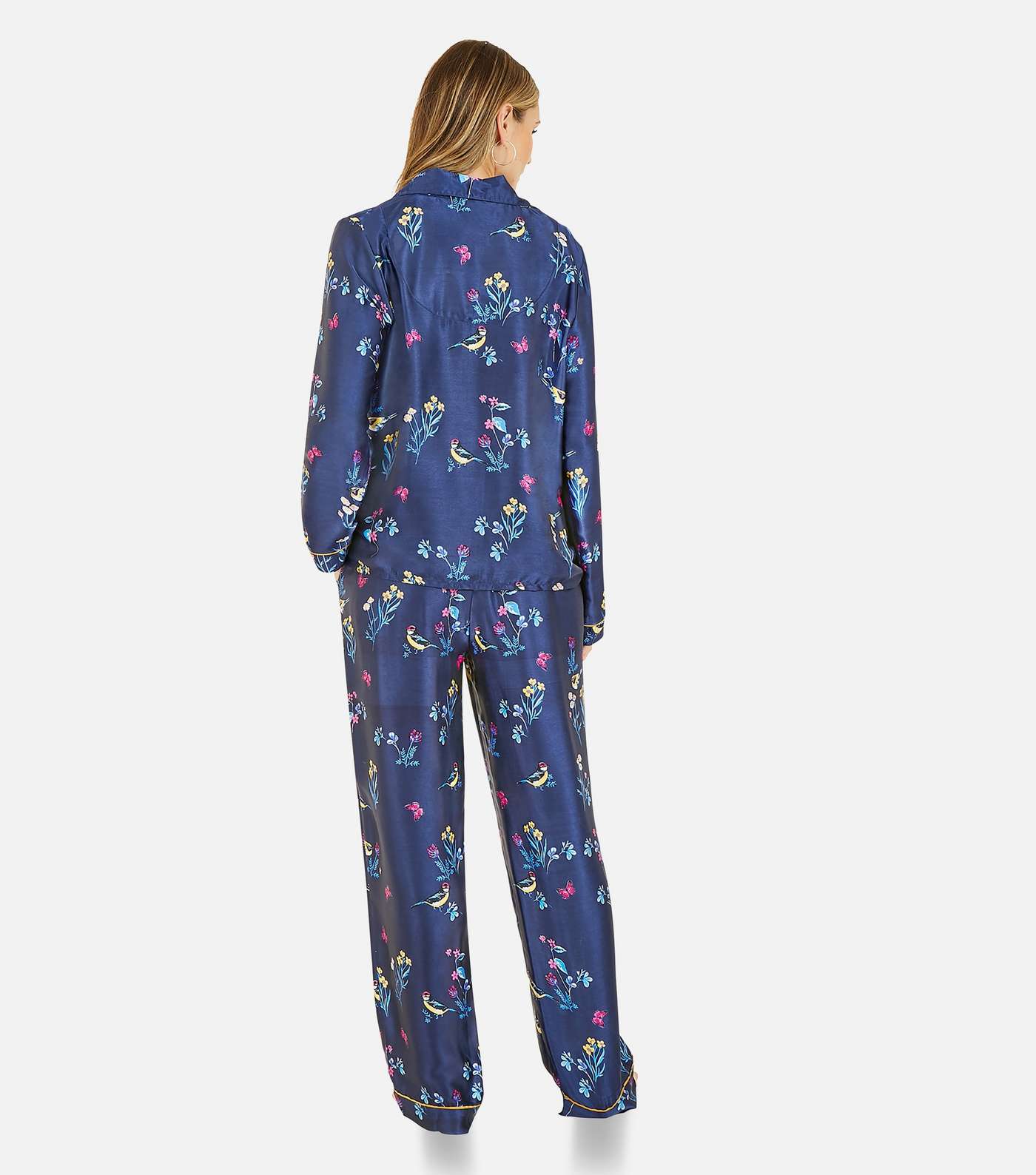 Yumi Navy Floral Bird Print Satin Shirt and Trouser Pyjama Set Image 3