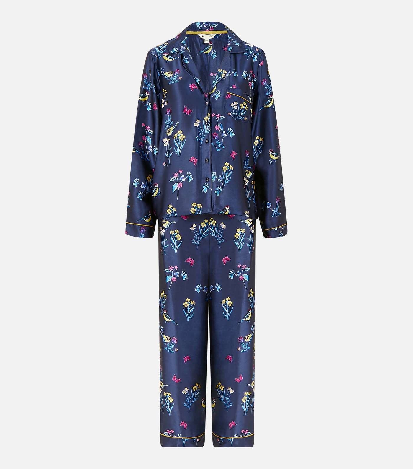 Yumi Navy Floral Bird Print Satin Shirt and Trouser Pyjama Set Image 5