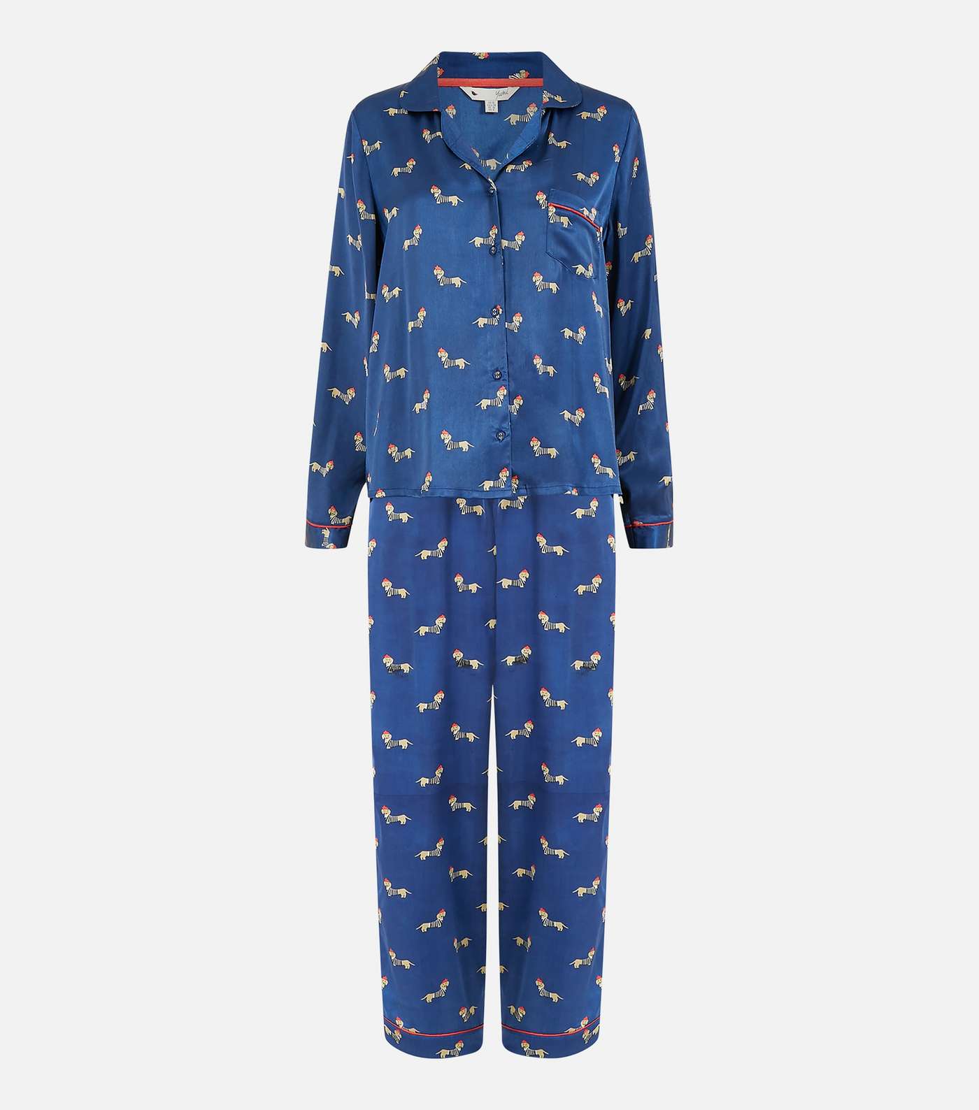 Yumi Navy Satin Sausage Dog Shirt and Trouser Pyjama Set