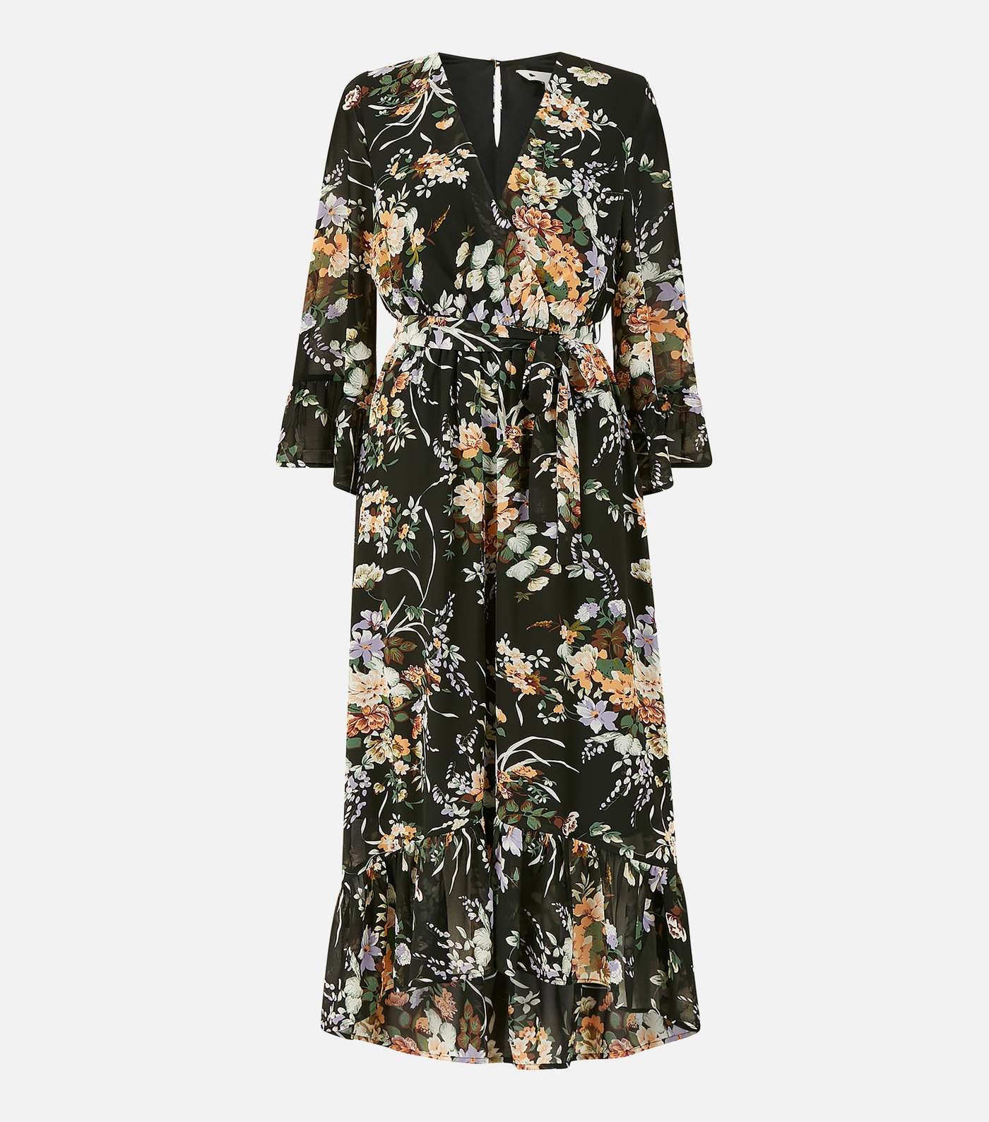 Yumi Black Floral Frill Dip Hem Midi Wrap Dress Image 4