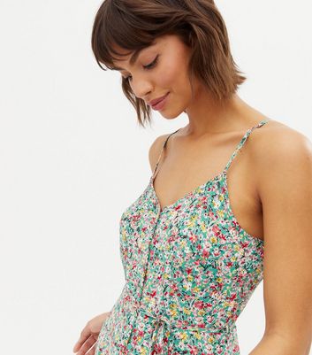 Yumi Green Ditsy Floral Strappy Tiered Midi Dress | New Look