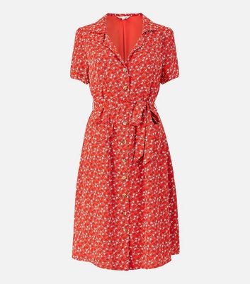 Yumi Red Ditsy Floral Midi Wrap Shirt Dress New Look