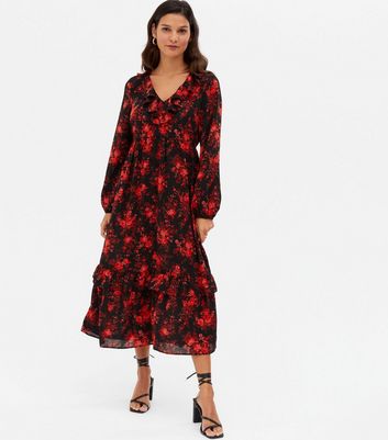 Black Baroque Floral V Neck Frill Tiered Midi Dress