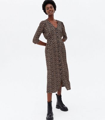 Brown Spot Crinkle V Neck Button Front Midi Dress | New Look