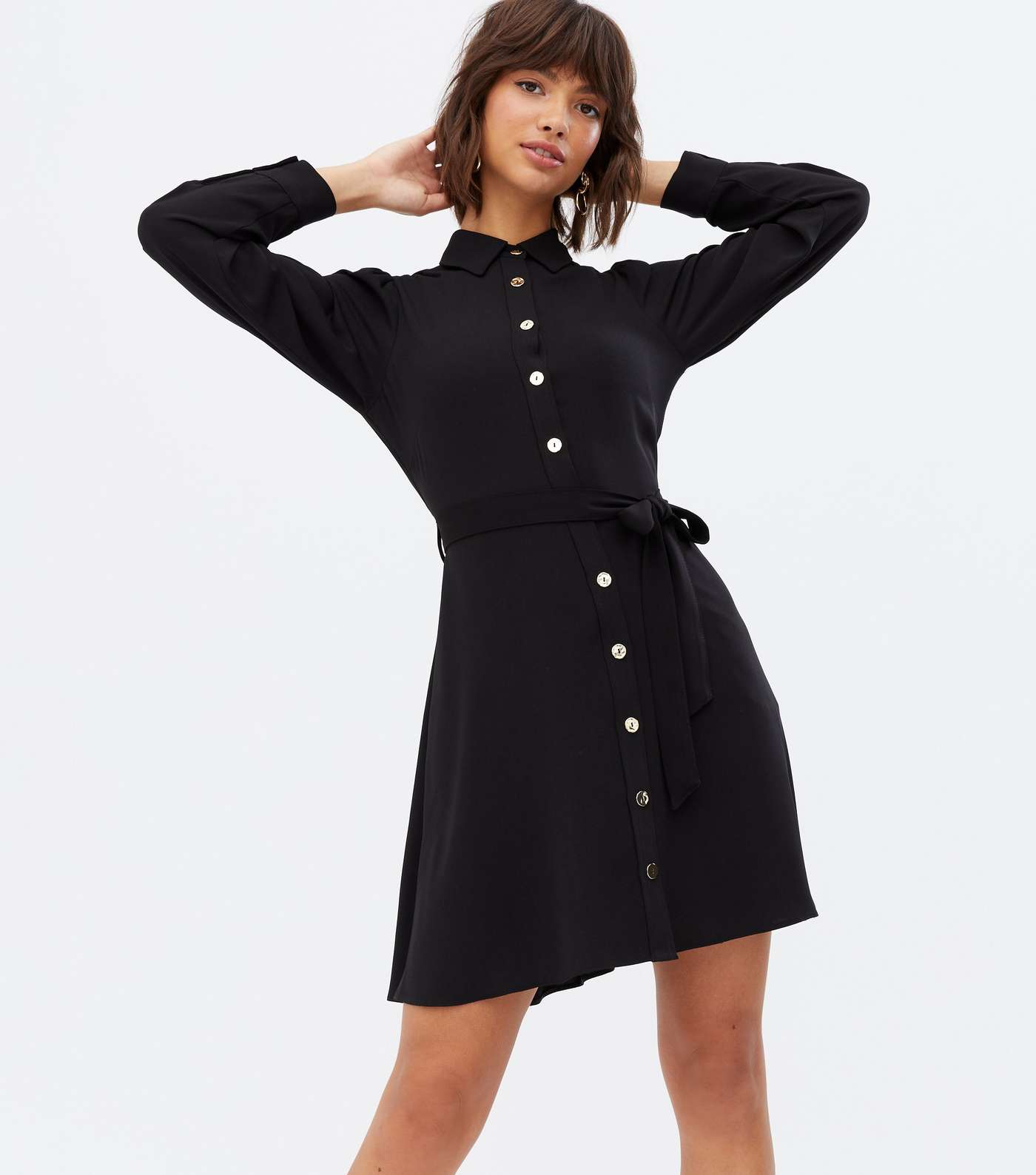 Black Belted Button Mini Shirt Dress
