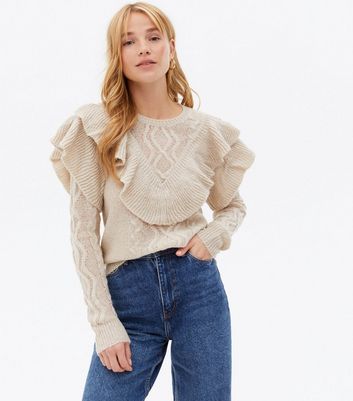 JDY Stone Cable Knit Frill Crew Neck Jumper | New Look