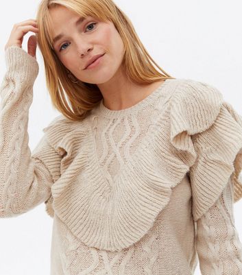 JDY Stone Cable Knit Frill Crew Neck Jumper | New Look