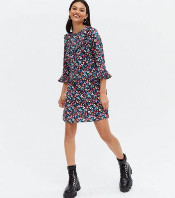 Blue Ditsy Floral Frill 3/4 Sleeve Mini Dress