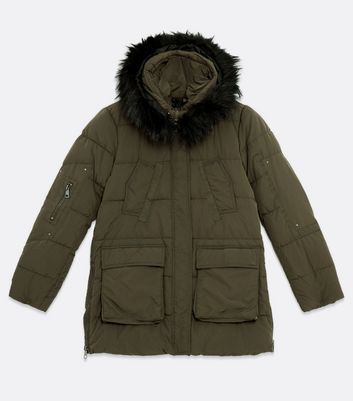 Jdy Khaki Faux Fur Trim Parka Jacket New Look