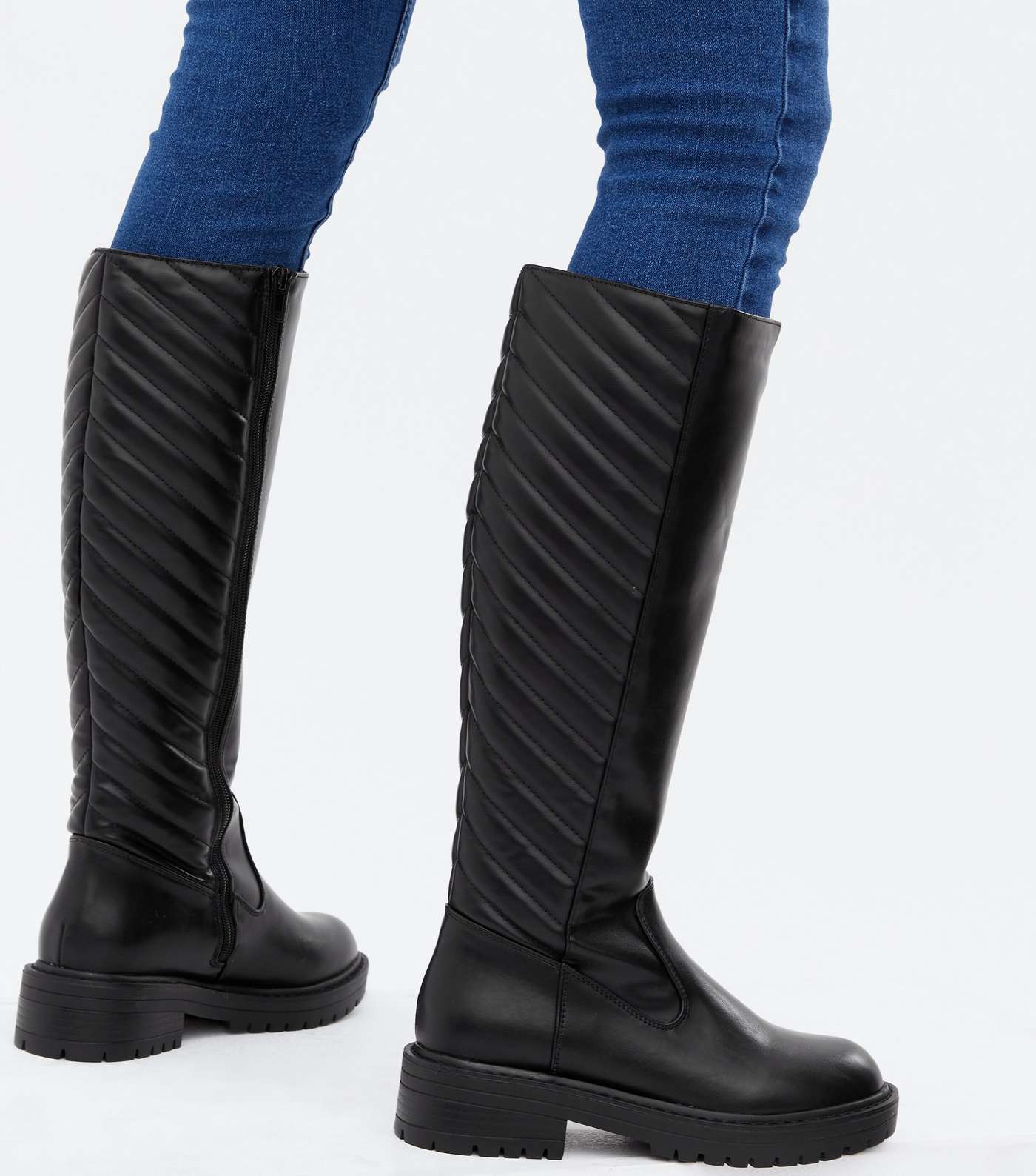 Black Quilted Zip Chunky Knee High Boots Image 2