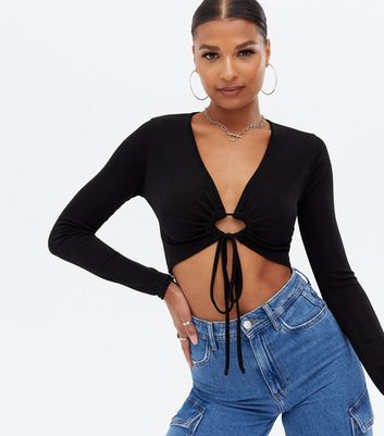 Click to view product details and reviews for Pink Vanilla Black Slinky Tie Front Crop Top New Look.