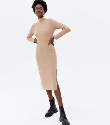 Click to view product details and reviews for Camel Ribbed High Neck Split Hem Midi Dress New Look.