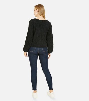 Mela Black Knit Diamond Stitch Diamanté Button Cardigan | New Look