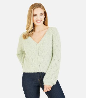 Mela Green Knit Diamond Stitch Diamanté Button Cardigan New Look