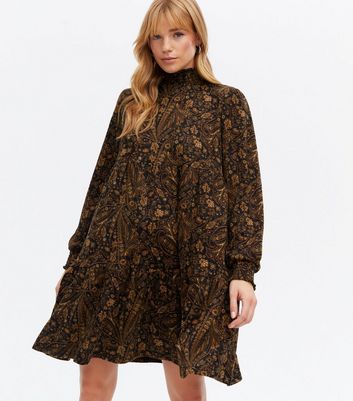 Blue Vanilla Brown Paisley High Neck Mini Smock Dress New Look