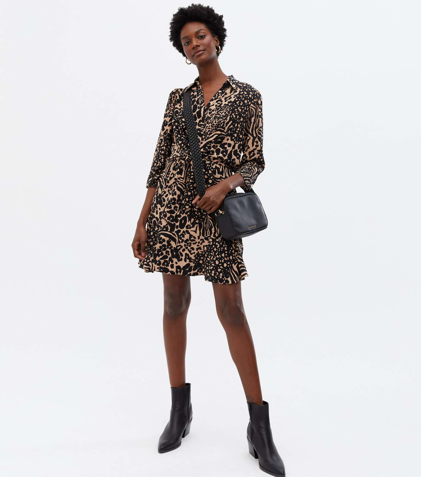 Brown Leopard Print Twist Front Mini Shirt Dress Image 2