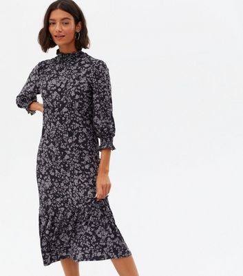 Blue Vanilla Grey Floral High Neck Midi Dress New Look