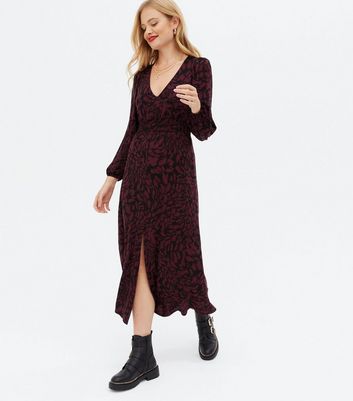 Purple Animal Print Shirred V Neck Midi 