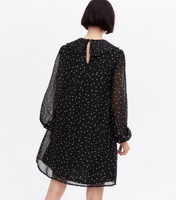 Blue Vanilla Black Spot Chiffon Frill Collar Swing Dress New Look