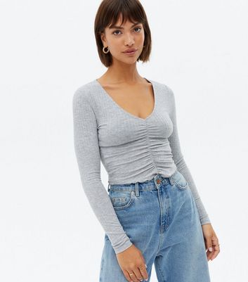 Grey Ribbed Ruched Long Sleeve Crop Top New Look