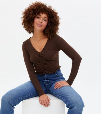 Dark Brown Ribbed Ruched Long Sleeve Crop Top New Look