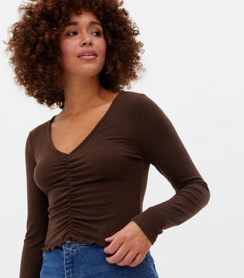 Dark Brown Ribbed Ruched Long Sleeve 