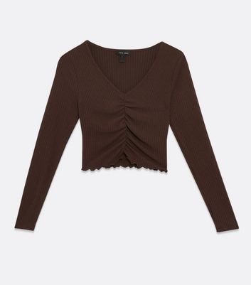 brown ruched long sleeve top