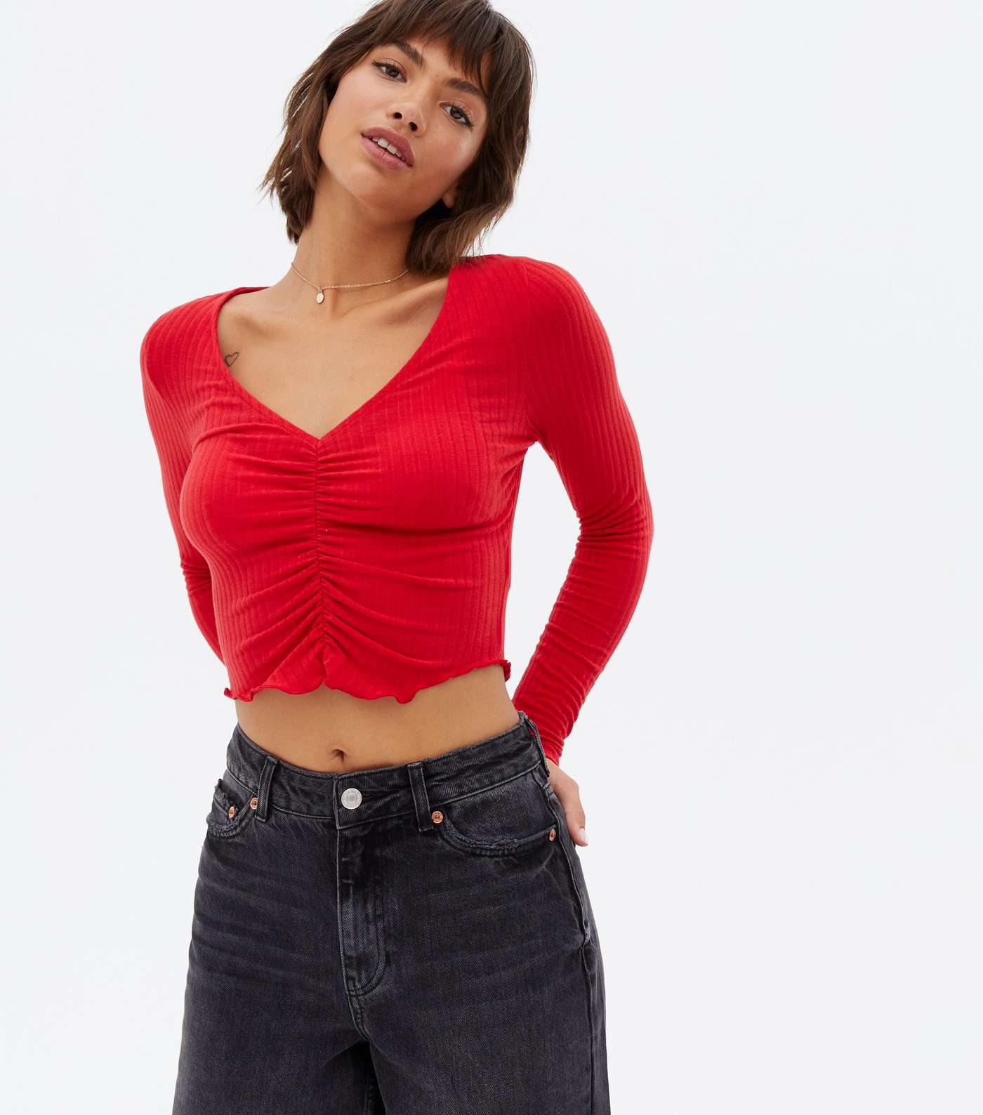 Red Ribbed Ruched Long Sleeve Crop Top Image 2