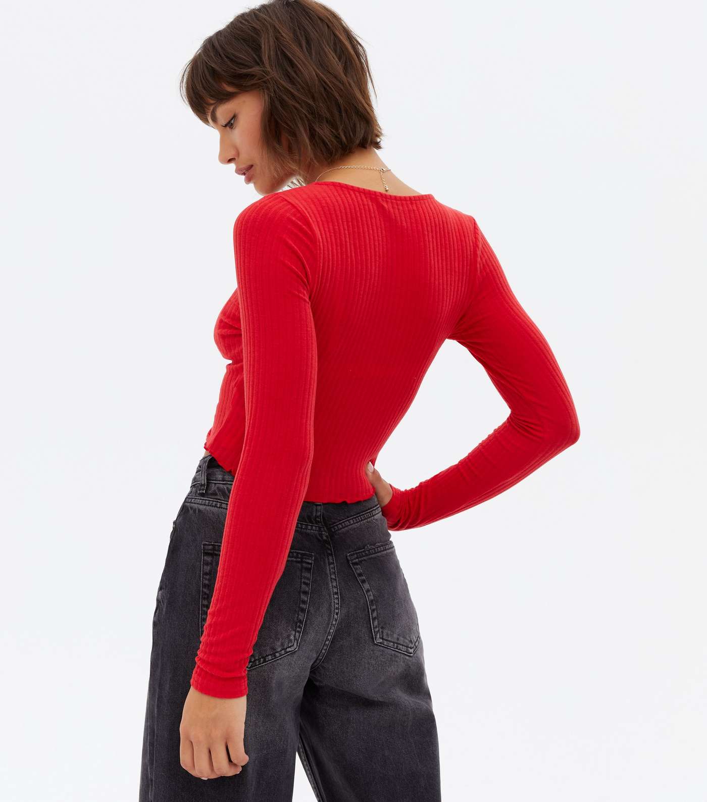 Red Ribbed Ruched Long Sleeve Crop Top Image 4