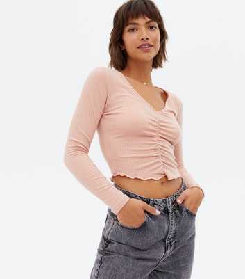Deep Pink Ribbed Ruched Long Sleeve Crop Top