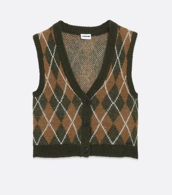 Noisy May Brown Argyle Knit Button Vest 