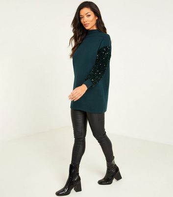 Quiz QUIZ dark green high neck jumper with sequined sleeves size M BNWT Free P&P 