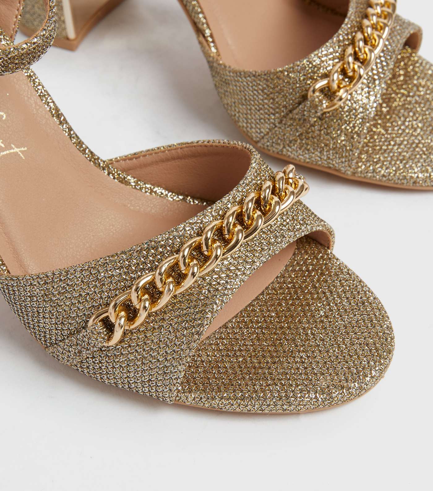 Gold Glitter Chain Trim Block Heel Sandals Image 4