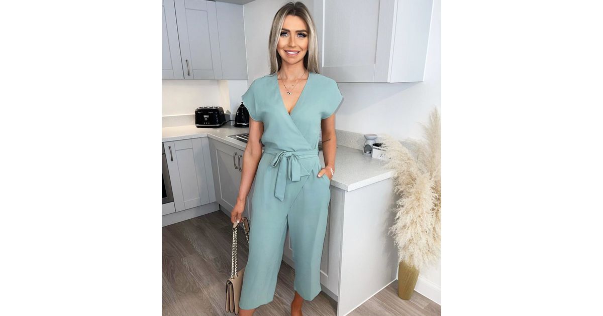 AX Paris Light Green Belted Wrap Crop Jumpsuit New Look