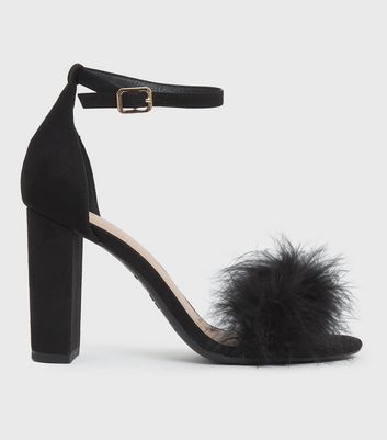 Black Feather Block Heel Sandals | New Look