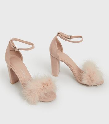 Pale Pink Feather Block Heel Sandals 