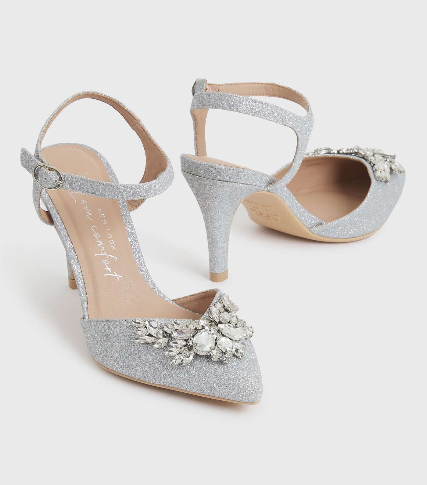 Wide Fit Silver Glitter Gem Pointed Stiletto Heel Sandals Image 4