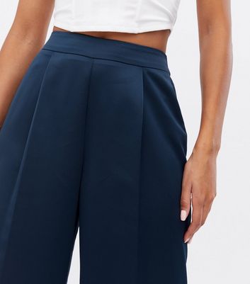 Navy Satin Split Hem Wide Leg Trousers 