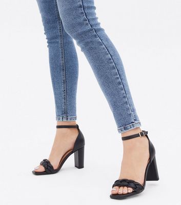 leather black block heels